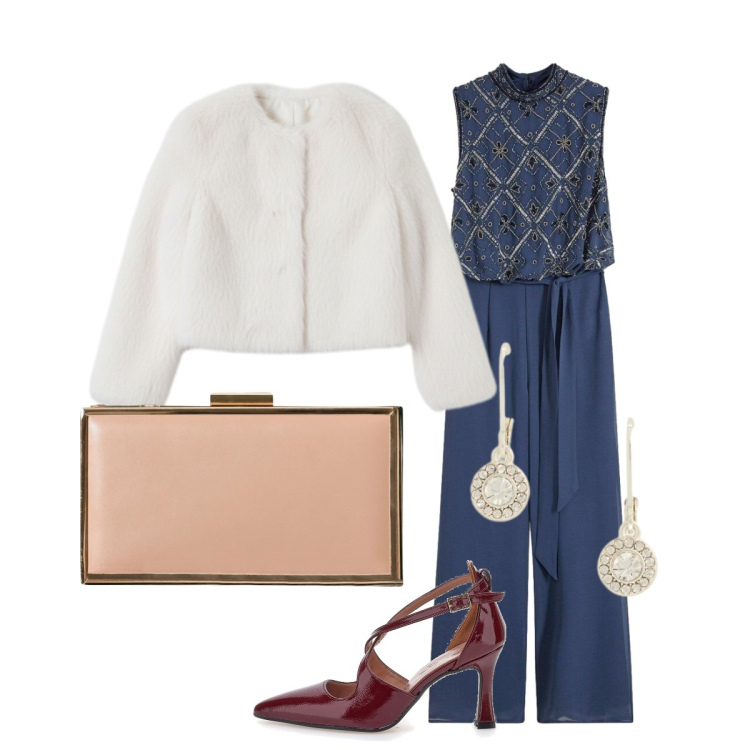 Outfit donna - A serata con l’elegante tuta Bonprix. Stile Glamour per Serata fuori. Abbinamento con tute, pochette, ecopellicce, orecchini, décolleté.