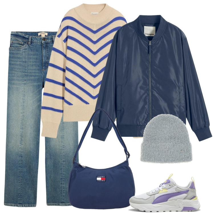 Outfit donna - Shopping sfrenato. Stile Urban per Tutti i giorni. Abbinamento con bomber, jeans dritti, maglieria, berretti, sneakers, borse a spalla.