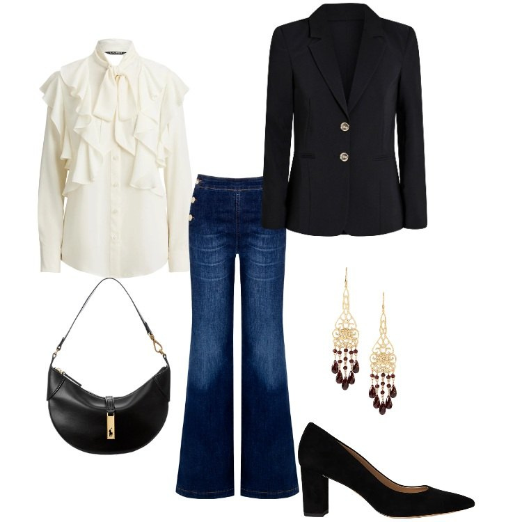 Outfit donna - Triangolo - 03. Stile Casual chic per Serata fuori. Abbinamento con blazer, jeans, borse a spalla, décolleté, orecchini, camicie.