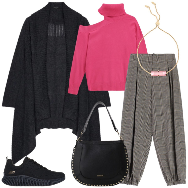 Outfit donna - Total look #2301803. Stile Casual chic per Tutti i giorni. Abbinamento con maglieria, borse a spalla, pantaloni a palazzo, braccialetti, sneakers, cardigans.