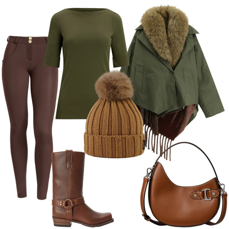 Outfit donna - Colori del bosco. Stile Casual per Tutti i giorni. Abbinamento con cappotti, pantaloni skinny, t-shirt, stivaletti, borse a tracolla, cappelli.