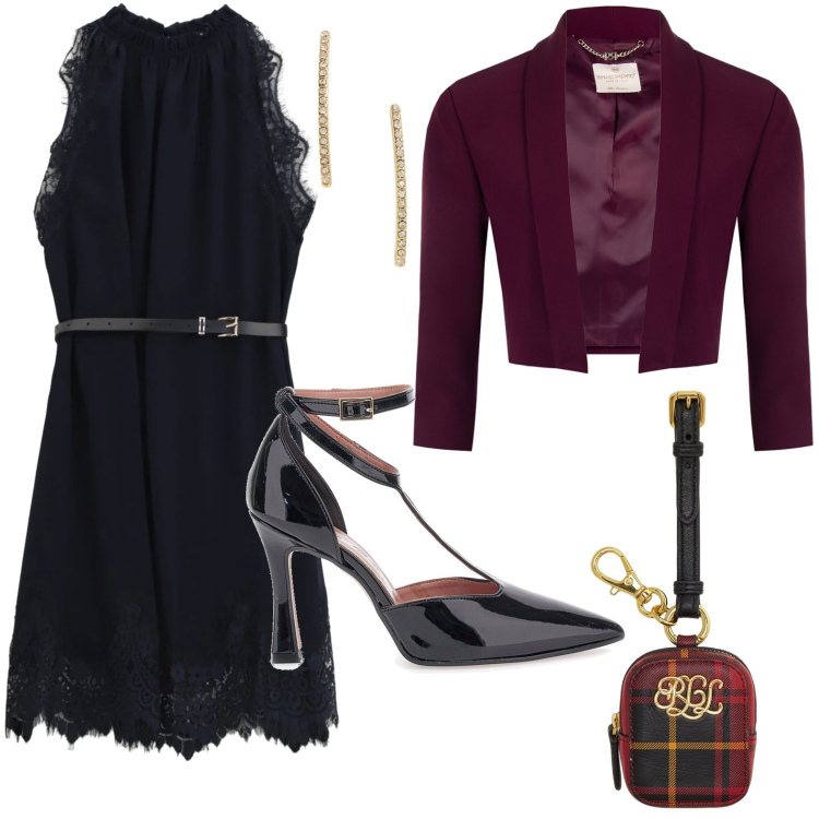Outfit donna - Dress night. Stile Chic per Serata fuori. Abbinamento con blazer, vestiti corti, pochette, orecchini, décolleté.