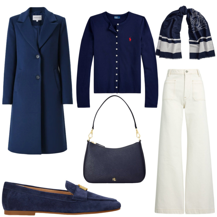 Outfit donna - Navy & White. Stile Chic per Tutti i giorni. Abbinamento con cappotti, jeans, cardigans, mocassini, borse a spalla, sciarpe.