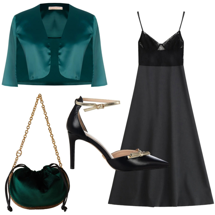 Outfit donna - Cerimonia perfetta. Stile Glamour per Cerimonia. Abbinamento con bolero, décolleté, vestiti lunghi, borse a spalla.