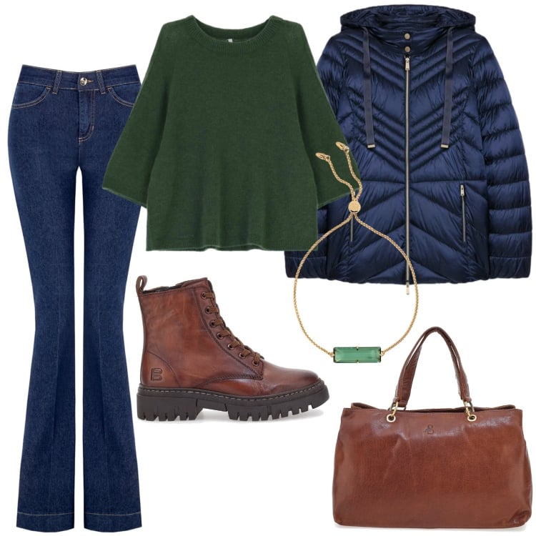 Outfit donna - Maglia verde jeans a zampa d\'elefante. Stile Casual per Scuola/Università. Abbinamento con jeans a zampa, maglieria, braccialetti, borse a tracolla, anfibi, piumini.