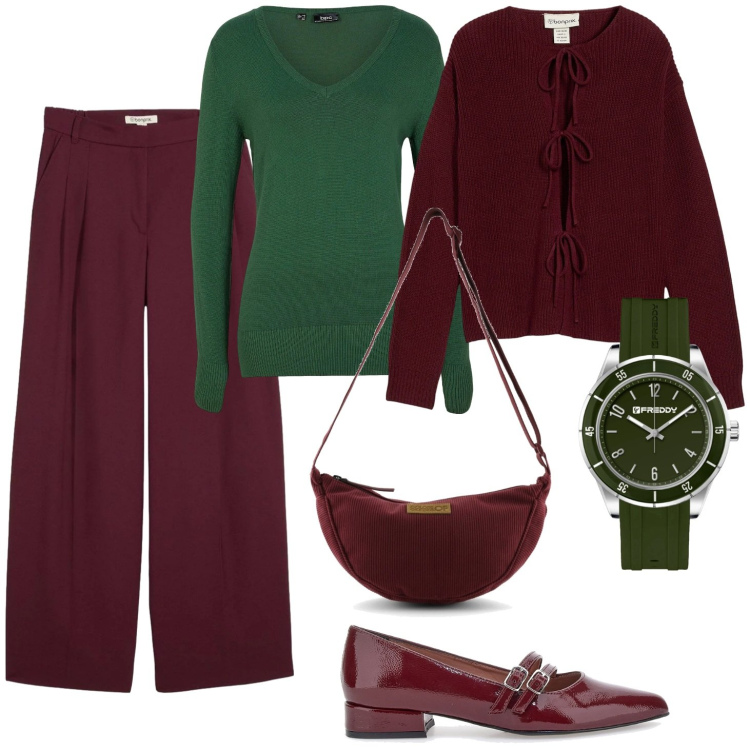 Outfit donna - Verde e bordeaux. Stile Casual per Ufficio. Abbinamento con cardigans, pantaloni, maglieria, orologi, ballerine, borse a tracolla.