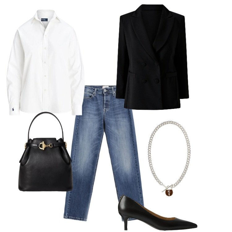 Outfit donna - Rettangolo grande ("H") - 06. Stile Casual chic per Tutti i giorni. Abbinamento con jeans, blazer, camicie, ciondoli, décolleté, borse a secchiello.