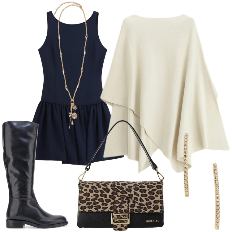 Outfit donna - Maglione poncho Please. Stile Urban per Serata fuori. Abbinamento con maglieria, borse a spalla, vestiti corti, orecchini, ciondoli, stivali.