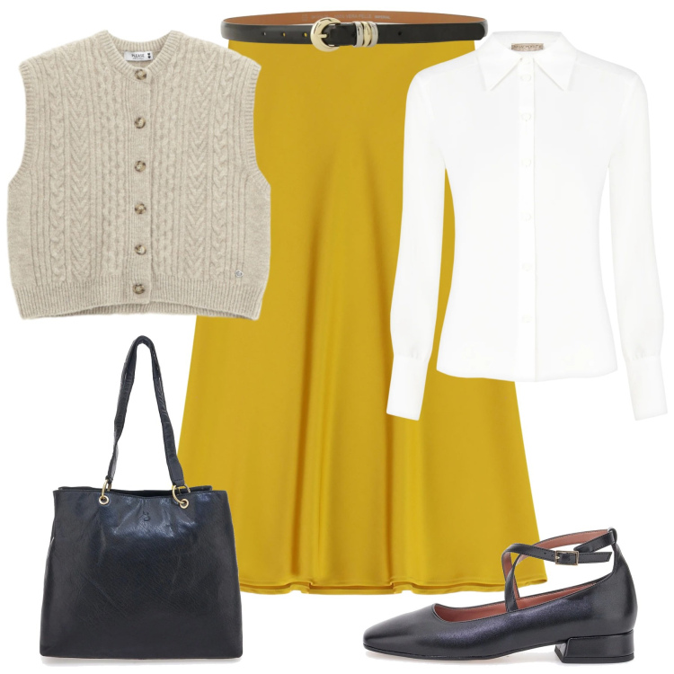 Outfit donna - Curvy style. Stile Glamour per Ufficio. Abbinamento con gilet, camicie, cinture, gonne longuette, shopping bag, ballerine.