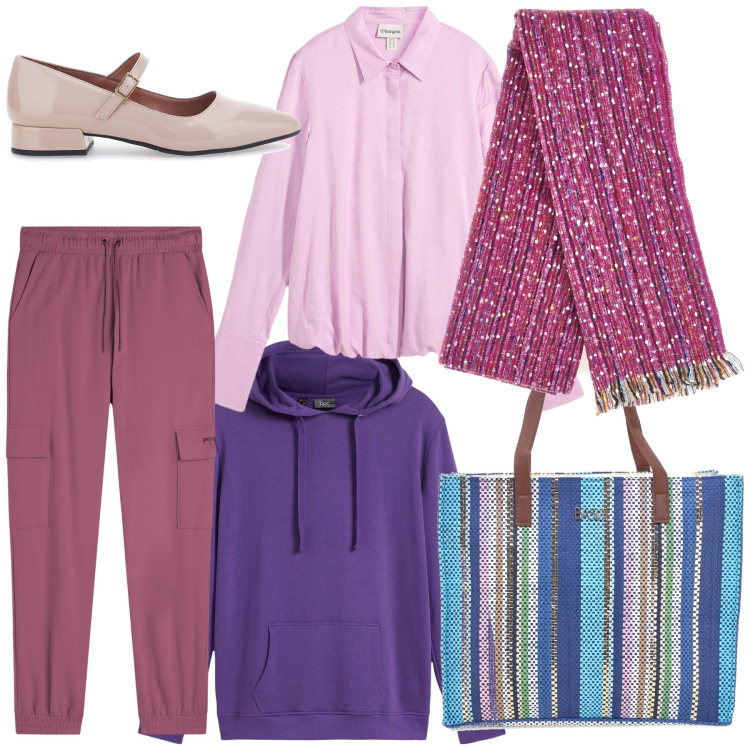 Outfit donna - La felpa viola che scalda. Stile Casual chic per Tutti i giorni. Abbinamento con felpe con cappuccio, bluse, pantaloni cargo, ballerine, shopping bag, sciarpe.