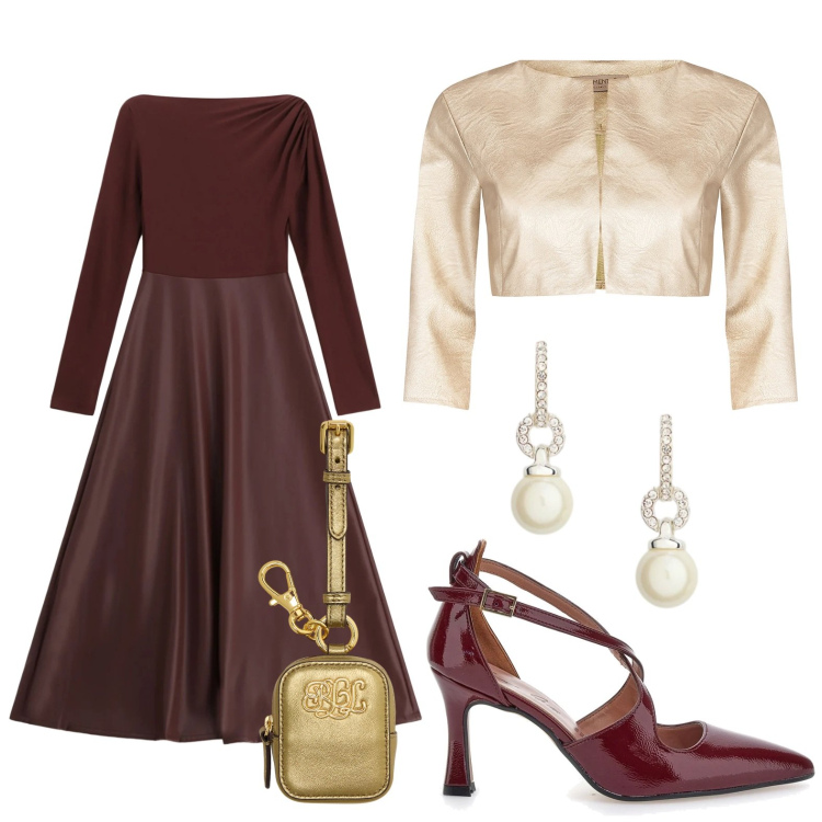 Outfit donna - Look di carattere. Stile Glamour per Serata fuori. Abbinamento con bolero, vestiti lunghi, pochette, orecchini, décolleté.