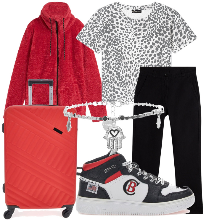 Outfit donna - Un viaggio decisamente sportivo. Stile Casual per Tutti i giorni. Abbinamento con blazer, pantaloni, braccialetti, t-shirt, sneakers, valigie.