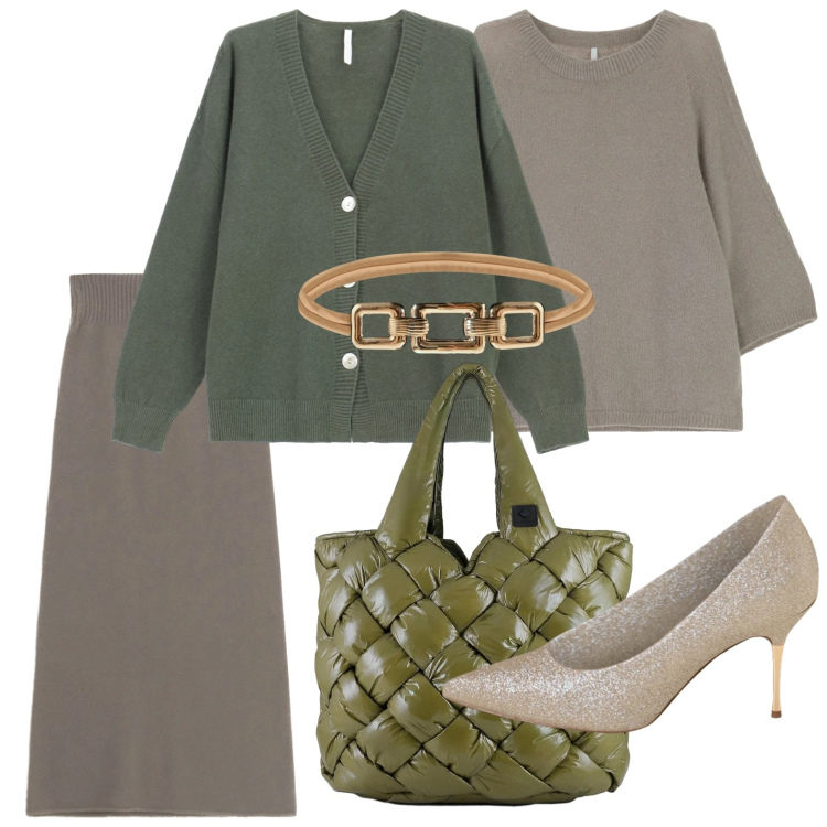 Outfit donna - Look attuale. Stile Minimal per Ufficio. Abbinamento con cinture, décolleté, gonne lunghe, cardigans, maglieria, borse tote.