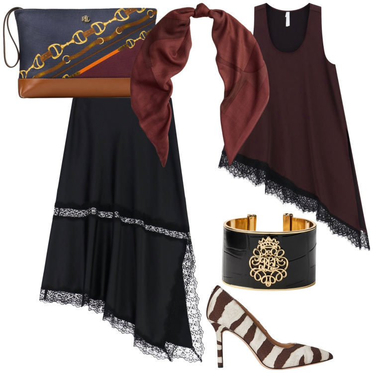 Outfit donna - In diagonale. Stile Trendy per Serata fuori. Abbinamento con gonne lunghe, top, décolleté, sciarpe, pochette, braccialetti.