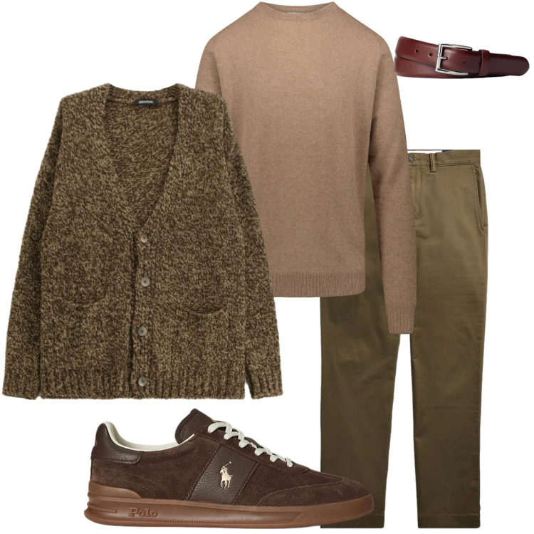 Outfit uomo - Knitwear tono su tono. Stile Casual per Tutti i giorni. Abbinamento con cardigans, cinture, sneakers, pantaloni, maglieria.