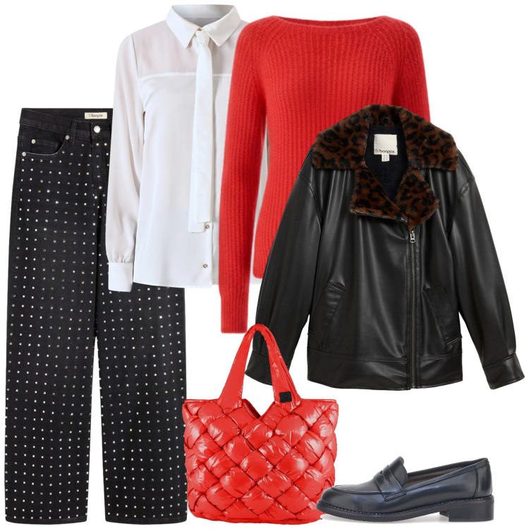 Outfit donna - Al caldo col giubbotto. Stile Mannish per Scuola/Università. Abbinamento con bomber, jeans dritti, pullovers, camicie, borse tote, mocassini.