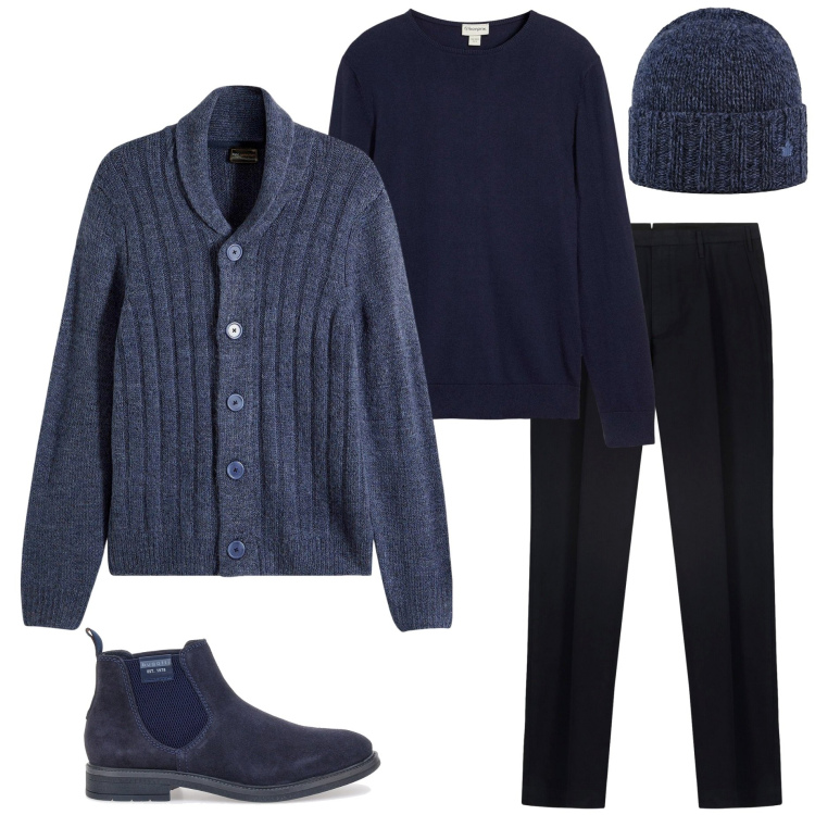 Outfit uomo - Knitwear tono su tono. Stile Casual per Tutti i giorni. Abbinamento con maglieria, cardigans, cappelli, stivali e stivaletti, pantaloni.