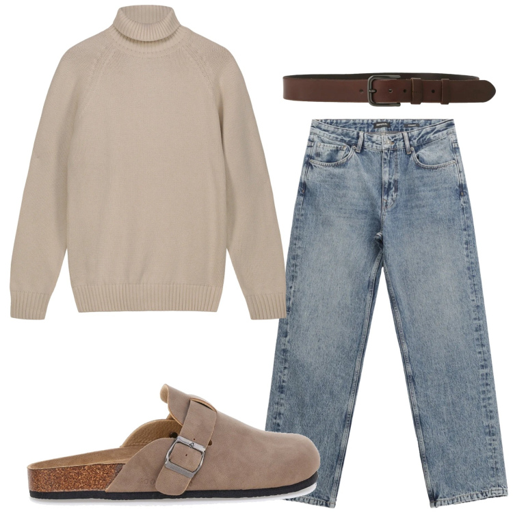 Outfit uomo - Home relax. Stile Casual per Tutti i giorni. Abbinamento con jeans dritti, cinture, pullovers, sandali.