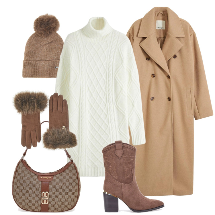 Outfit donna - Cozy charme. Stile Casual chic per Tutti i giorni. Abbinamento con cappotti, vestiti, borse a spalla, guanti, stivaletti texani, berretti.