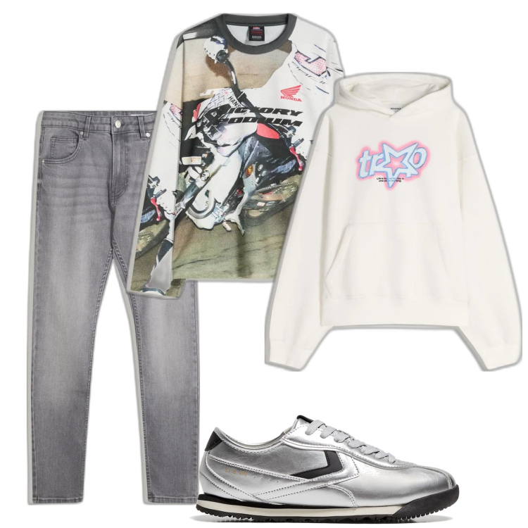 Outfit hombre - Trendy look. Estilo Trendy para Todos los días. Combinación con sneakers, vaqueros pitillo, camiseta, sudaderas con capucha.