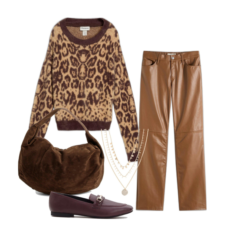 Outfit femme - Décembre. Style Glamour pour Tous les jours. Assortir avec pantalon , colliers, mocassins, pulls, sacs à main.