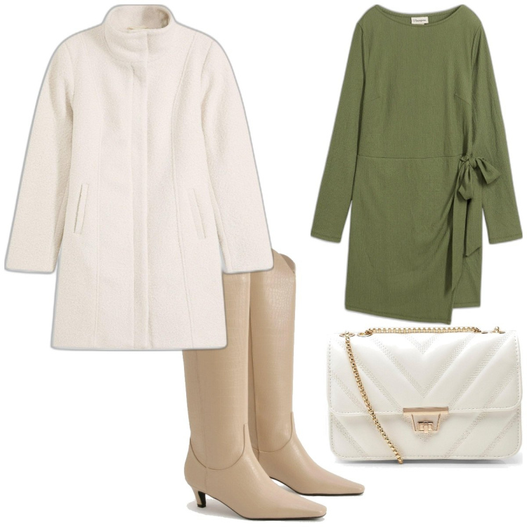 Outfit femme - Soirée tendre. Style Casual chic pour Soirée dehors. Assortir avec robes, manteaux, bottes, sacs en bandoulière.