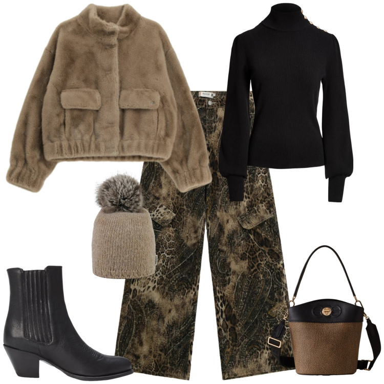 Outfit donna - Trendy similpelliccia e animalier. Stile Trendy per Tutti i giorni. Abbinamento con pantaloni cargo, blazer, borse a secchiello, maglieria, stivaletti texani, berretti.