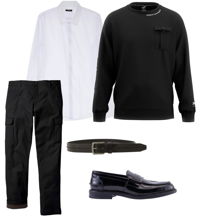 Outfit uomo - Cena aziendale. per Ufficio. Abbinamento con pantaloni cargo, camicie, cinture, scarpe stringate, felpe.
