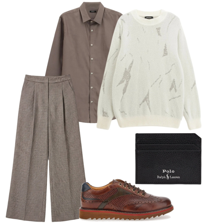 Outfit uomo - Cena tra amici. per Serata speciale. Abbinamento con pantaloni a palazzo, maglieria, camicie, portafogli, scarpe stringate.