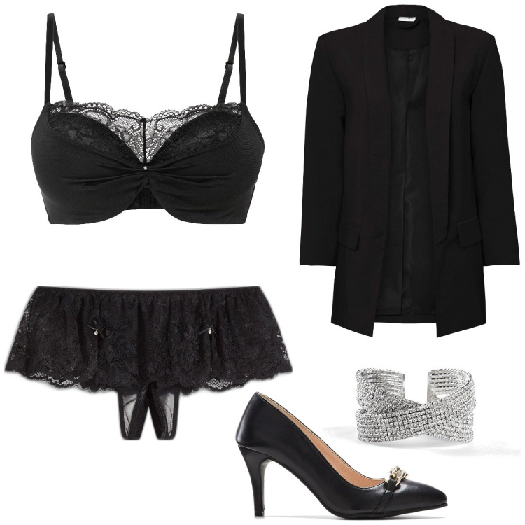 Outfit femme - Sexy night. Style Sexy pour Soirée dehors. Assortir avec blazers, soutiens-gorge push-up, chaussures à talon, bracelets, short.
