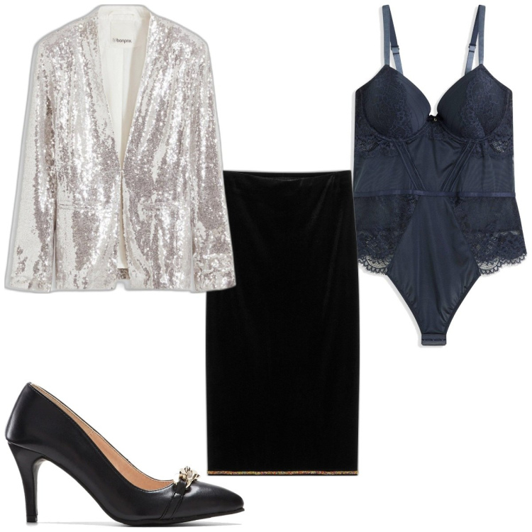 Outfit femme - 31 décembre. Style Sexy pour Soirée dehors. Assortir avec hauts, blazers, jupes au genou, chaussures à talon.