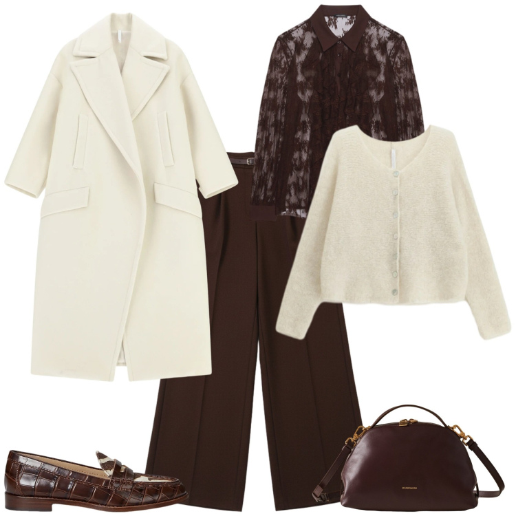 Outfit donna - Chic marrone bianco e pizzo. Stile Chic per Tutti i giorni. Abbinamento con pantaloni a palazzo, cappotti, cardigans, borse a mano, mocassini, camicie.