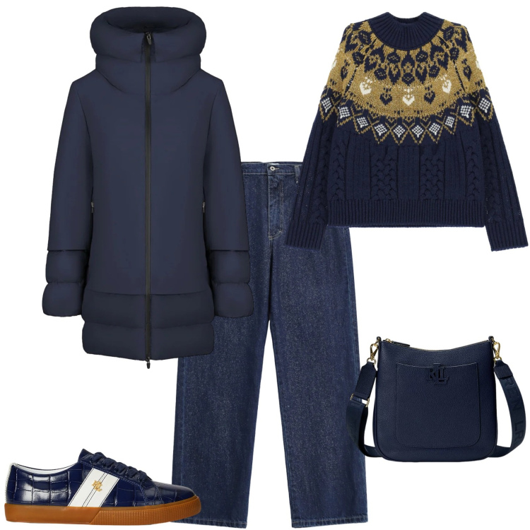 Outfit donna - Casual. Stile Casual per Tutti i giorni. Abbinamento con jeans dritti, maglieria, borse a tracolla, sneakers, piumini.