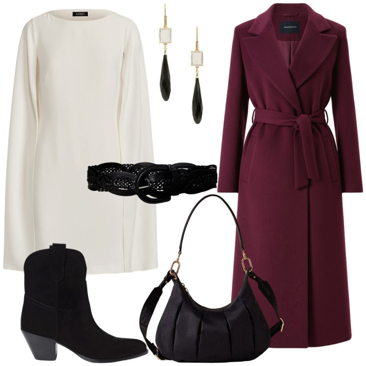 Outfit donna - Abito insolito. Stile Bon Ton per Serata fuori. Abbinamento con cappotti, borse a spalla, cinture, vestiti, stivaletti, orecchini.