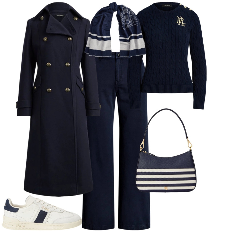 Outfit donna - Trendy blu e bianco. Stile Trendy per Tutti i giorni. Abbinamento con maglieria, pantaloni, sneakers, borse a spalla, cappotti, sciarpe.