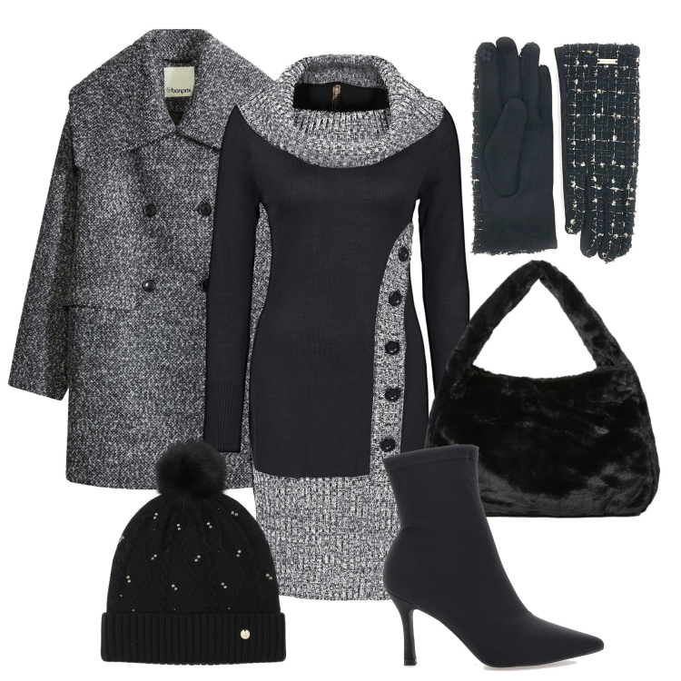 Outfit donna - Serata black Warm & Chic. Stile Glamour per Serata fuori. Abbinamento con vestiti, cappotti, berretti, stivaletti, borse a spalla, guanti.