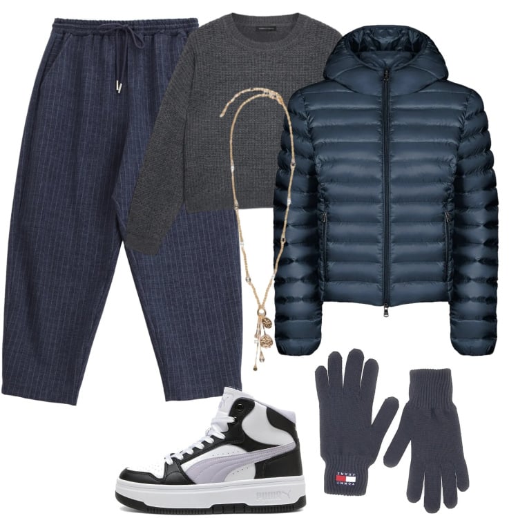 Outfit donna - Jeans balloon. Stile Trendy per Tutti i giorni. Abbinamento con jeans, bomber, sneakers alte, maglieria, guanti, ciondoli.