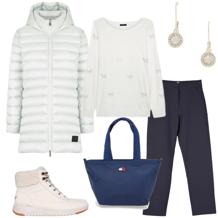 Outfit donna - Total look #2301922. Stile Casual chic per Tutti i giorni. Abbinamento con orecchini, pantaloni chino, piumini, anfibi, maglieria, borse tote.