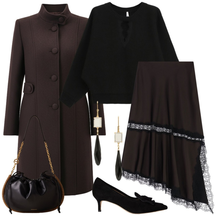 Outfit donna - Total look #2301923. Stile Chic per Serata fuori. Abbinamento con cappotti, maglieria, gonne lunghe, borse a spalla, décolleté, orecchini.