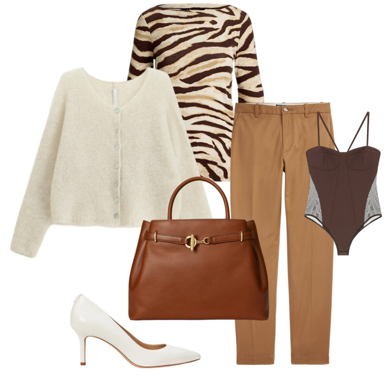 Outfit donna - Total look #2301924. Stile Chic per Serata fuori. Abbinamento con body, cardigans, pantaloni chino, décolleté, t-shirt, borse a mano.