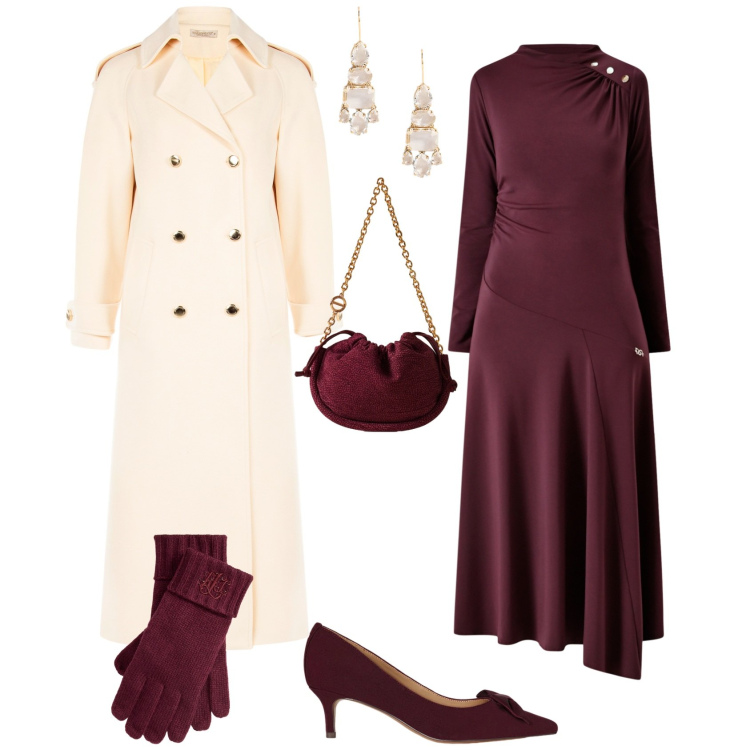 Outfit donna - Minimal bon ton bianco bordeaux. Stile Bon Ton per Tutti i giorni. Abbinamento con vestiti midi/longuette, cappotti, borse a spalla, décolleté, orecchini, guanti.