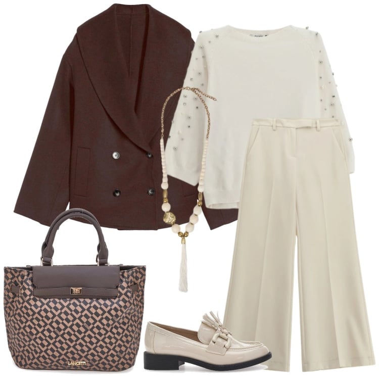 Outfit donna - Total look #2301927. Stile Minimal per Tutti i giorni. Abbinamento con caban, maglieria, pantaloni, mocassini, borse a mano, ciondoli.