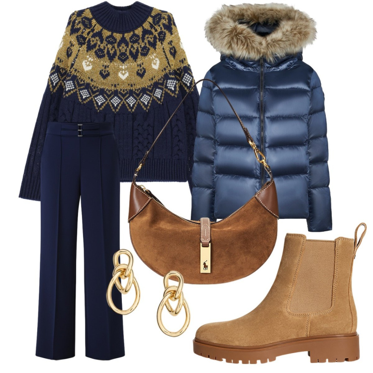 Outfit donna - Blu per le feste. Stile Casual chic per Ufficio. Abbinamento con pantaloni a palazzo, maglieria, borse a spalla, stivaletti chelsea, orecchini, piumini.