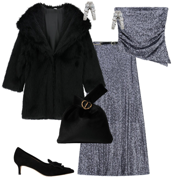 Outfit donna - Glamour serata evento speciale. Stile Glamour per Serata fuori. Abbinamento con gonne lunghe, top, cappotti, borse a mano, décolleté, orecchini.