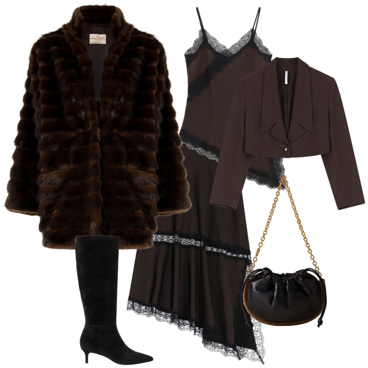 Outfit donna - Glamour serata evento speciale. Stile Glamour per Serata fuori. Abbinamento con cappotti, blazer, canottiere, gonne lunghe, borse a spalla, stivali.