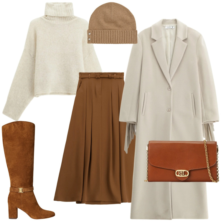 Outfit donna - Warm e chic. Stile Chic per Tutti i giorni. Abbinamento con cappotti, gonne lunghe, maglieria, stivali, borse a tracolla, berretti.