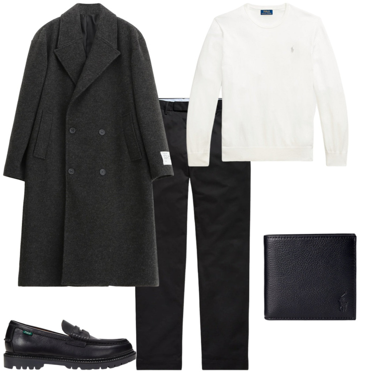 Outfit uomo - Trendy grigio bianco nero. Stile Trendy per Serata speciale. Abbinamento con cappotti, pantaloni chino, portafogli, maglieria, scarpe stringate.