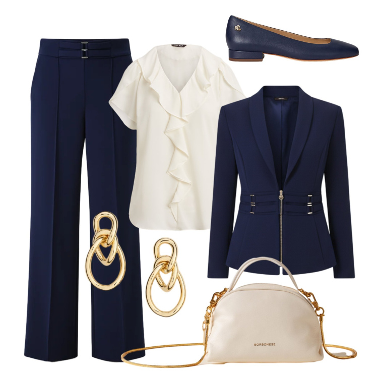 Outfit donna - Sofisticata blu - @susystyle. Stile Bon Ton per Serata fuori. Abbinamento con pantaloni a palazzo, blazer, borse a mano, ballerine, camicie, orecchini.