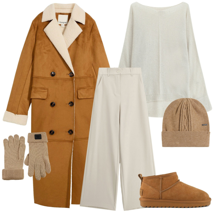 Outfit donna - Warm e chic. Stile Casual chic per Tutti i giorni. Abbinamento con cappotti, maglieria, pantaloni a palazzo, berretti, guanti, stivali.