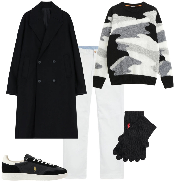 Outfit uomo - Trendy in bianco e nero. Stile Trendy per Serata speciale. Abbinamento con maglieria, cappotti, pantaloni, sneakers, guanti.